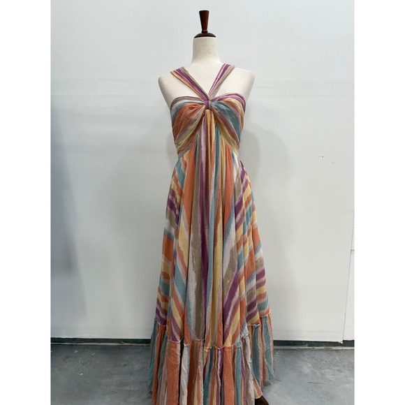 Free People Dresses & Skirts - Free People Tropical Sunrise Maxi Dress 8 Cotton Halter Striped Multicolor Boho